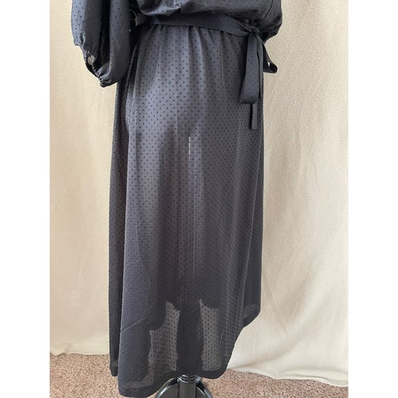 Vintage Black Sheer Embossed Polka Dot Pleated Half Button Down Tie Waist Dress - Picture 5 of 12